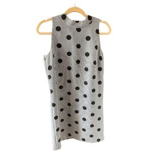 Tahari Black White Houndstooth Polka Dot Shift Aline Mock Neck Dress. Size 8.